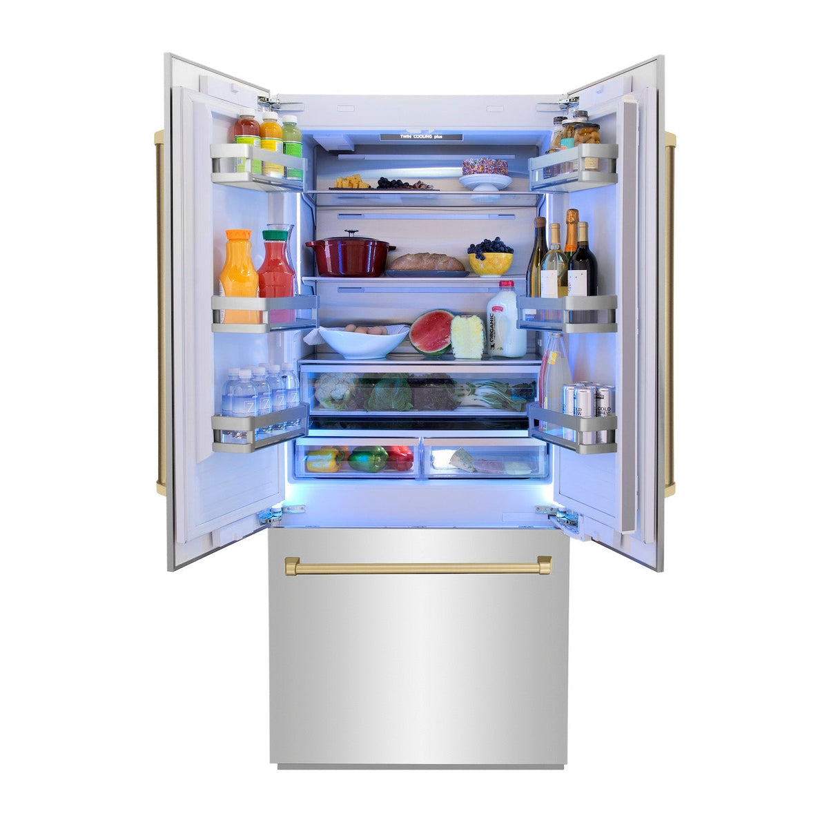 ZLINE Autograph Edition 36 in. 19.6 cu. ft. French Door Built-In Bottom Freezer Refrigerator with Water Dispenser and Ice Maker in Stainless Steel with Champagne Bronze Accents (RBIVZ-304-36-CB)