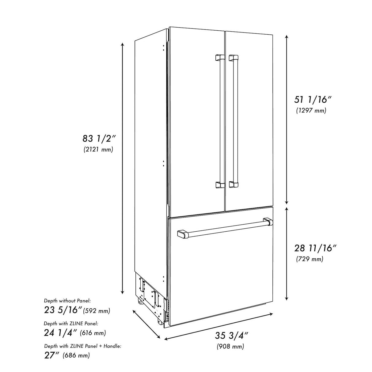 ZLINE Autograph Edition 36 in. 19.6 cu. ft. French Door Built-In Bottom Freezer Refrigerator with Water Dispenser and Ice Maker in Stainless Steel with Polished Gold Accents (RBIVZ-304-36-G)