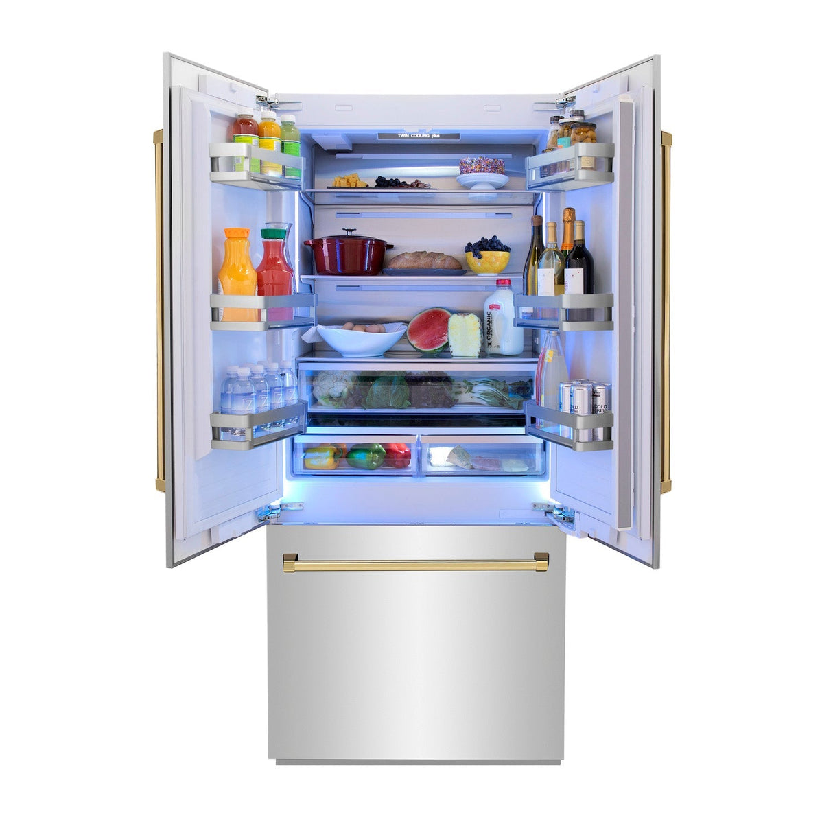 ZLINE Autograph Edition 36 in. 19.6 cu. ft. French Door Built-In Bottom Freezer Refrigerator with Water Dispenser and Ice Maker in Stainless Steel with Polished Gold Accents (RBIVZ-304-36-G)