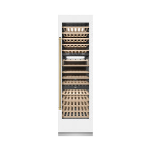 ZLINE Autograph Edition 24 in. 12.4 cu. ft. Triple Zone 100 Bottle Column Wine Cooler in White Matte and Champagne Bronze Accents (RCWVZ-WM-24-CB)