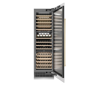ZLINE Autograph Edition 24 in. 12.4 cu. ft. Triple Zone 100 Bottle Column Wine Cooler in White Matte and Polished Gold Accents (RCWVZ-WM-24-G)
