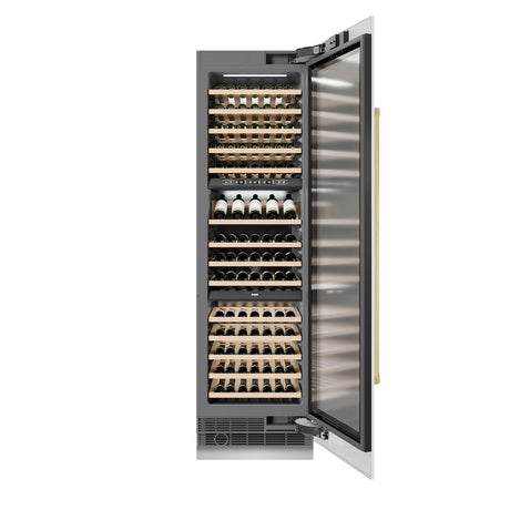 ZLINE Autograph Edition 24 in. 12.4 cu. ft. Triple Zone 100 Bottle Column Wine Cooler in White Matte and Polished Gold Accents (RCWVZ-WM-24-G)