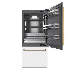 ZLINE Autograph Edition 36 in. 19.8 cu. ft. Built-In Bottom Freezer Refrigerator with Water Dispenser and Ice Maker in White Matte with Graphite Gray Interior and Polished Gold Accents (GRBITZ-WM-36-G)