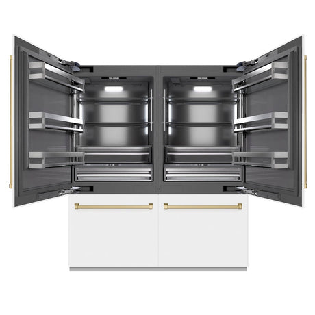 ZLINE Autograph Edition 72 in. 39.6 cu. ft. French Door Built-In Bottom Freezer Refrigerator with Water Dispensers and Ice Makers in White Matte with Graphite Gray Interior and Champagne Bronze Accents (GRBITZ-WM-72-CB)