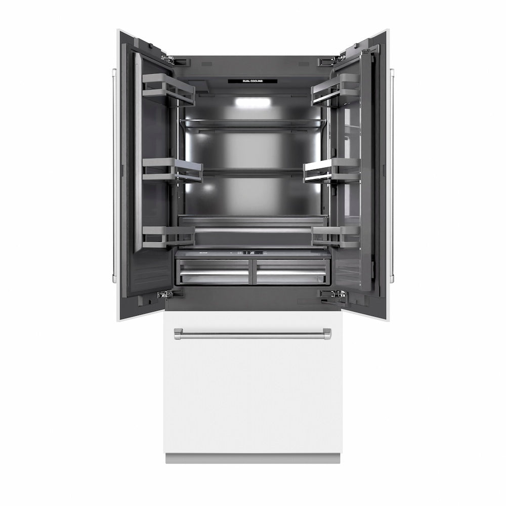ZLINE 36 in. 19.6 cu. ft. French Door Built-In Bottom Freezer Refrigerator with Water Dispenser and Ice Maker in White Matte with Graphite Gray Interior (GRBIV-WM-36)