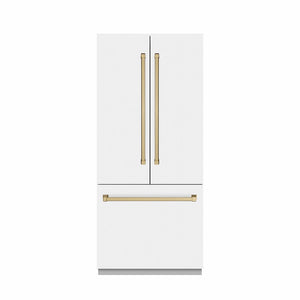 ZLINE Autograph Edition 36 in. 19.6 cu. ft. French Door Built-In Bottom Freezer Refrigerator with Water Dispenser and Ice Maker in White Matte with Graphite Gray Interior and Champagne Bronze Accents (GRBIVZ-WM-36-CB)