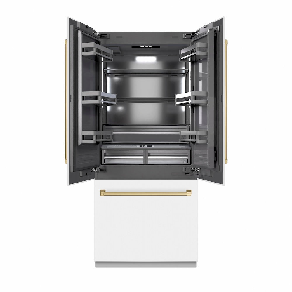 ZLINE Autograph Edition 36 in. 19.6 cu. ft. French Door Built-In Bottom Freezer Refrigerator with Water Dispenser and Ice Maker in White Matte with Graphite Gray Interior and Champagne Bronze Accents (GRBIVZ-WM-36-CB)