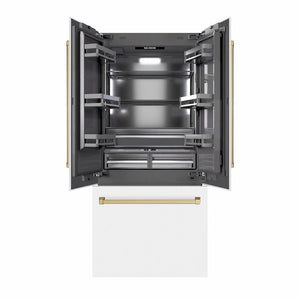 ZLINE Autograph Edition 36 in. 19.6 cu. ft. French Door Built-In Bottom Freezer Refrigerator with Water Dispenser and Ice Maker in White Matte with Graphite Gray Interior and Champagne Bronze Accents (GRBIVZ-WM-36-CB)