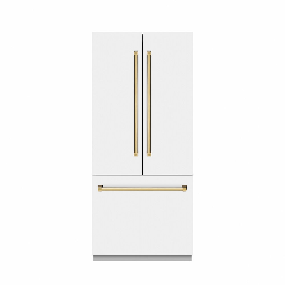 ZLINE Autograph Edition 36 in. 19.6 cu. ft. French Door Built-In Bottom Freezer Refrigerator with Water Dispenser and Ice Maker in White Matte with Graphite Gray Interior and Polished Gold Accents (GRBIVZ-WM-36-G)