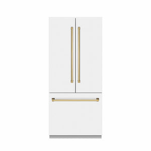 ZLINE Autograph Edition 36 in. 19.6 cu. ft. French Door Built-In Bottom Freezer Refrigerator with Water Dispenser and Ice Maker in White Matte with Graphite Gray Interior and Polished Gold Accents (GRBIVZ-WM-36-G)