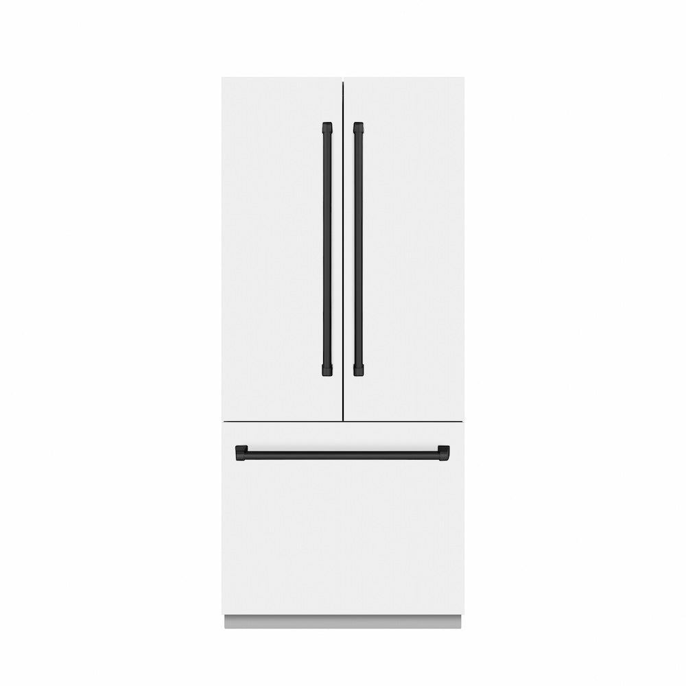 ZLINE Autograph Edition 36 in. 19.6 cu. ft. French Door Built-In Bottom Freezer Refrigerator with Water Dispenser and Ice Maker in White Matte with Graphite Gray Interior and Matte Black Accents (GRBIVZ-WM-36-MB)