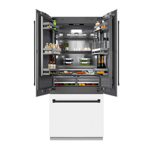 ZLINE Autograph Edition 36 in. 19.6 cu. ft. French Door Built-In Bottom Freezer Refrigerator with Water Dispenser and Ice Maker in White Matte with Graphite Gray Interior and Matte Black Accents (GRBIVZ-WM-36-MB)