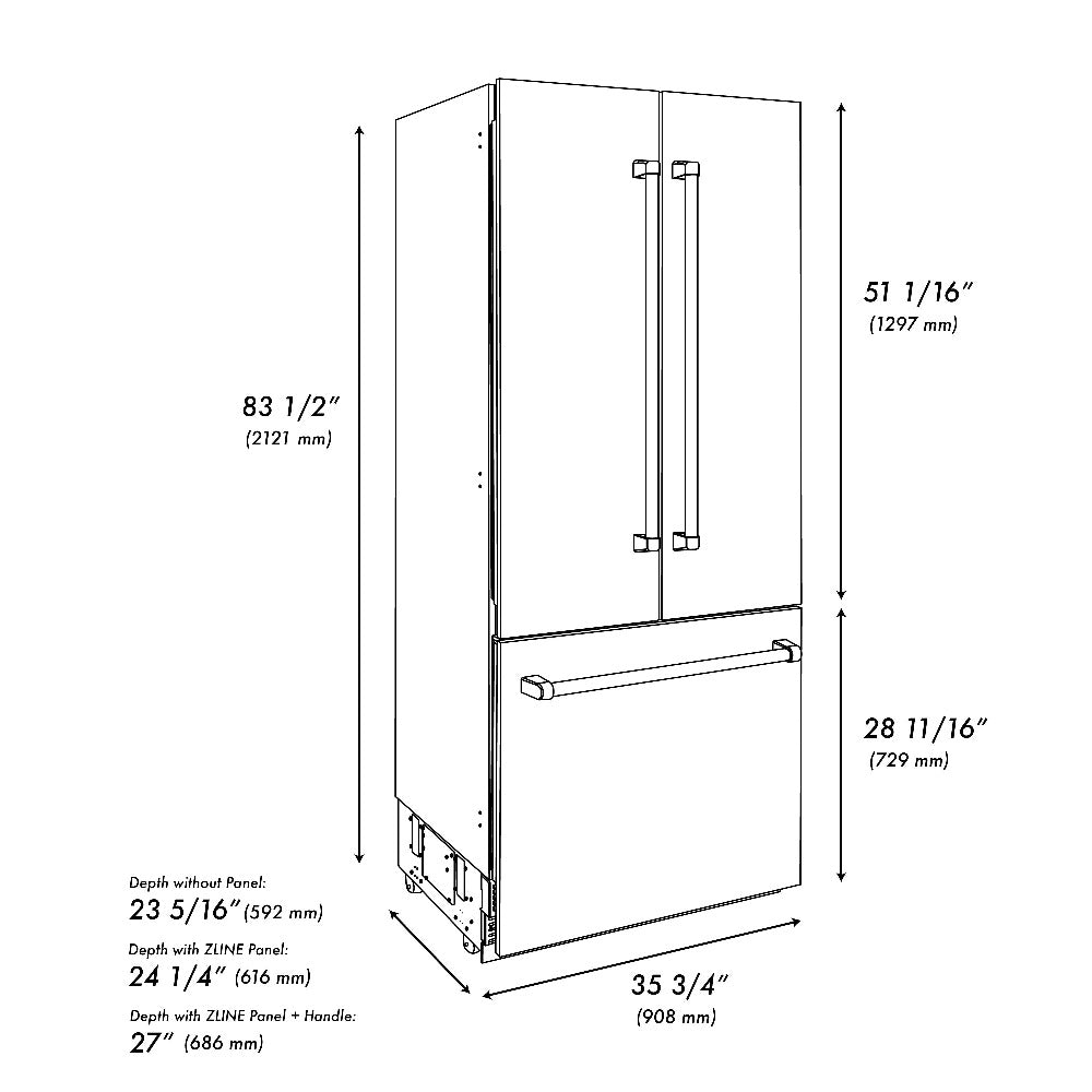 ZLINE 36 in. 19.6 cu. ft. French Door Built-In Bottom Freezer Refrigerator with Water Dispenser and Ice Maker in White Matte (RBIV-WM-36)
