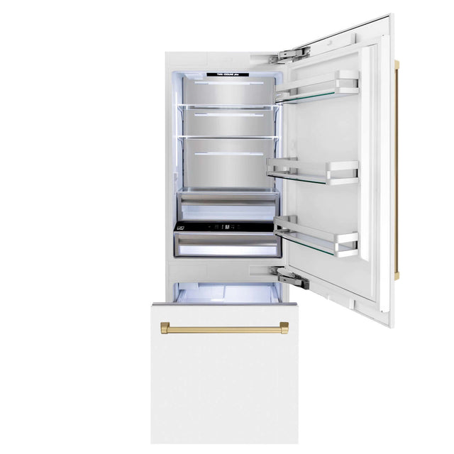 ZLINE Autograph Edition 30 in. 16.1 cu. ft. Built-in 2-Door Bottom Freezer Refrigerator with Internal Water and Ice Dispenser in White Matte with Champagne Bronze Accents (RBIVZ-WM-30-CB)