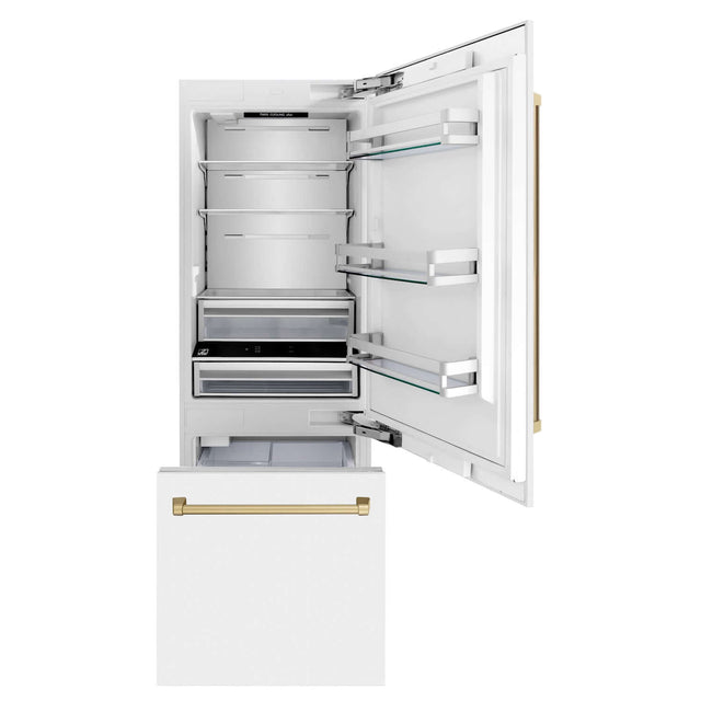 ZLINE Autograph Edition 30 in. 16.1 cu. ft. Built-in 2-Door Bottom Freezer Refrigerator with Internal Water and Ice Dispenser in White Matte with Champagne Bronze Accents (RBIVZ-WM-30-CB)