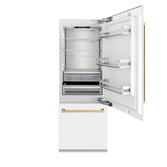 ZLINE Autograph Edition 30 in. 16.1 cu. ft. Built-in 2-Door Bottom Freezer Refrigerator with Internal Water and Ice Dispenser in White Matte with Champagne Bronze Accents (RBIVZ-WM-30-CB)