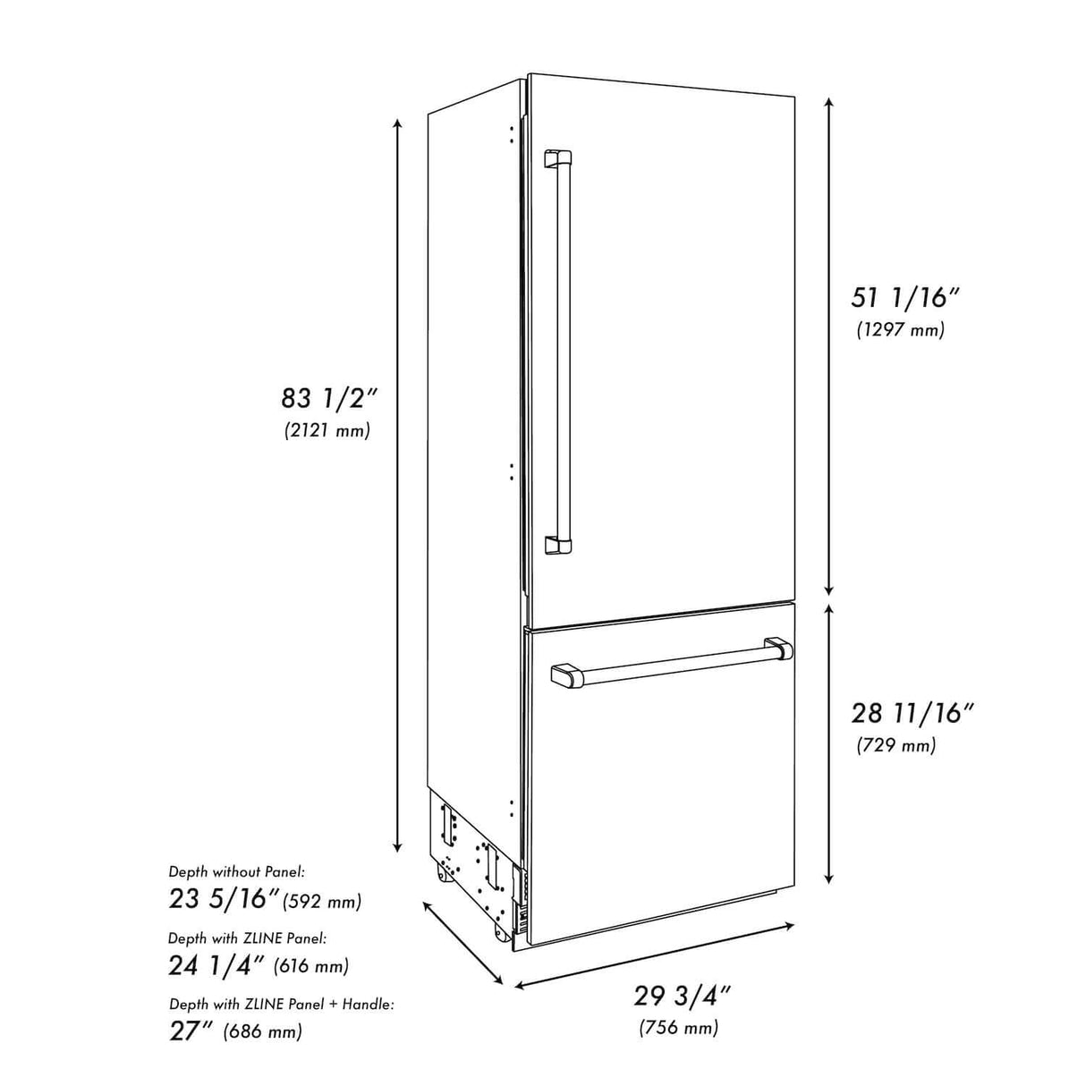 ZLINE Autograph Edition 30 in. 16.1 cu. ft. Built-in 2-Door Bottom Freezer Refrigerator with Internal Water and Ice Dispenser in White Matte with Polished Gold Accents (RBIVZ-WM-30-G)