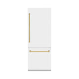 ZLINE Autograph Edition 30 in. 16.1 cu. ft. Built-in 2-Door Bottom Freezer Refrigerator with Internal Water and Ice Dispenser in White Matte with Polished Gold Accents (RBIVZ-WM-30-G)