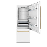 ZLINE Autograph Edition 30 in. 16.1 cu. ft. Built-in 2-Door Bottom Freezer Refrigerator with Internal Water and Ice Dispenser in White Matte with Polished Gold Accents (RBIVZ-WM-30-G)