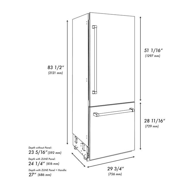 ZLINE Autograph Edition 30 in. 16.1 cu. ft. Built-in 2-Door Bottom Freezer Refrigerator with Internal Water and Ice Dispenser in White Matte with Matte Black Accents (RBIVZ-WM-30-MB)