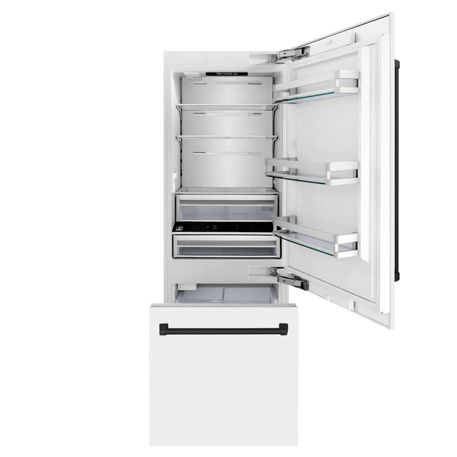 ZLINE Autograph Edition 30 in. 16.1 cu. ft. Built-in 2-Door Bottom Freezer Refrigerator with Internal Water and Ice Dispenser in White Matte with Matte Black Accents (RBIVZ-WM-30-MB)
