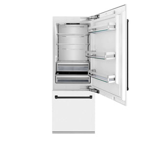 ZLINE Autograph Edition 30 in. 16.1 cu. ft. Built-In Bottom Freezer Refrigerator with Water Dispenser and Ice Maker in White Matte with Matte Black Accents (RBIVZ-WM-30-MB)