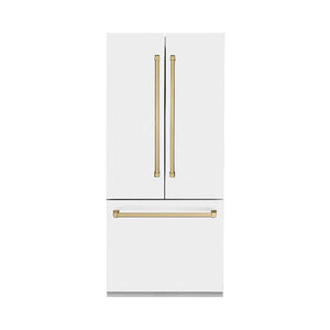 ZLINE Autograph Edition 36 in. 19.6 cu. ft. French Door Built-In Bottom Freezer Refrigerator with Water Dispenser and Ice Maker in White Matte with Champagne Bronze Accents (RBIVZ-WM-36-CB)