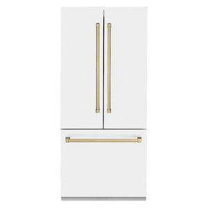 ZLINE Autograph Edition 36 in. 19.6 cu. ft. French Door Built-In Bottom Freezer Refrigerator with Water Dispenser and Ice Maker in White Matte with Champagne Bronze Accents (RBIVZ-WM-36-CB)