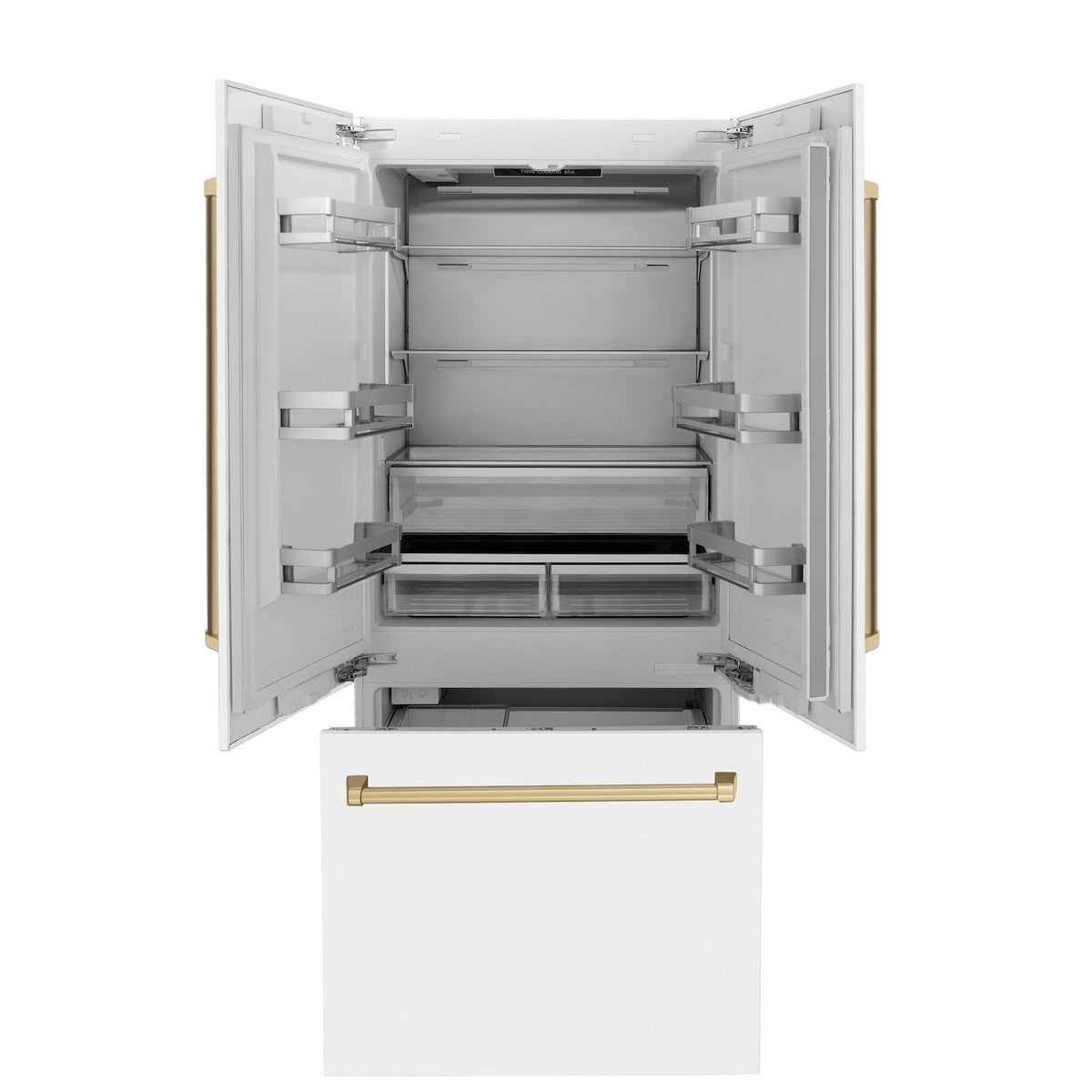 ZLINE Autograph Edition 36 in. 19.6 cu. ft. Built-in 3-Door French Door Refrigerator with Internal Water and Ice Dispenser in White Matte with Champagne Bronze Accents (RBIVZ-WM-36-CB)