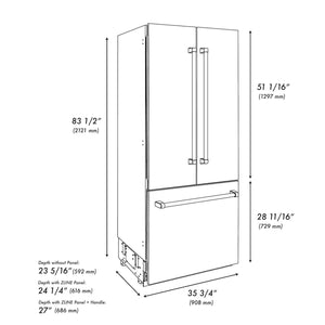 ZLINE Autograph Edition 36 in. 19.6 cu. ft. Built-in 3-Door French Door Refrigerator with Internal Water and Ice Dispenser in White Matte with Polished Gold Accents (RBIVZ-WM-36-G)