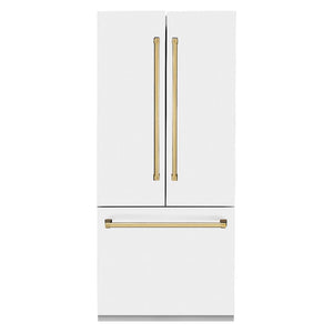 ZLINE Autograph Edition 36 in. 19.6 cu. ft. French Door Built-In Bottom Freezer Refrigerator with Water Dispenser and Ice Maker in White Matte with Polished Gold Accents (RBIVZ-WM-36-G)