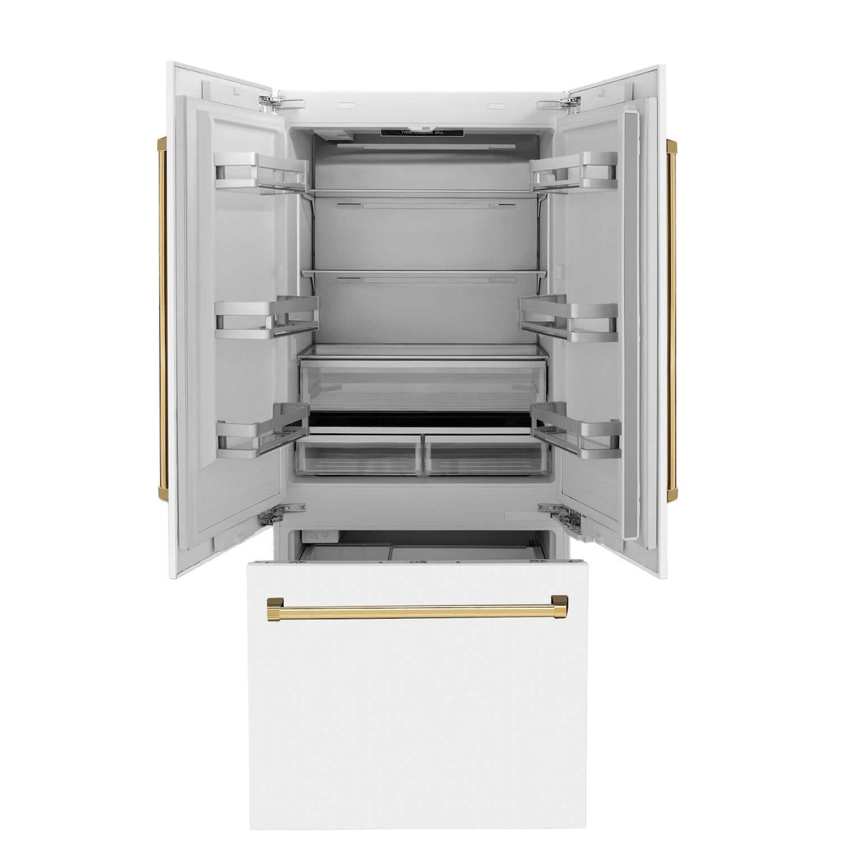 ZLINE Autograph Edition 36 in. 19.6 cu. ft. Built-in 3-Door French Door Refrigerator with Internal Water and Ice Dispenser in White Matte with Polished Gold Accents (RBIVZ-WM-36-G)