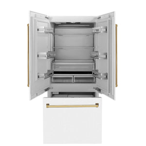 ZLINE Autograph Edition 36 in. 19.6 cu. ft. Built-in 3-Door French Door Refrigerator with Internal Water and Ice Dispenser in White Matte with Polished Gold Accents (RBIVZ-WM-36-G)