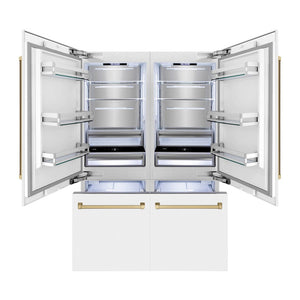 ZLINE Autograph Edition 60 in. 32.2 cu. ft. French Door Built-In Bottom Freezer Refrigerator with Water Dispenser and Ice Maker in White Matte with Champagne Bronze Accents (RBIVZ-WM-60-CB)