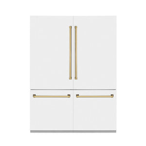 ZLINE Autograph Edition 60 in. 32.2 cu. ft. French Door Built-In Bottom Freezer Refrigerator with Water Dispenser and Ice Maker in White Matte with Polished Gold Accents (RBIVZ-WM-60-G)