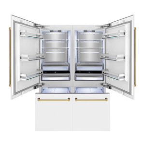 ZLINE Autograph Edition 60 in. 32.2 cu. ft. French Door Built-In Bottom Freezer Refrigerator with Water Dispenser and Ice Maker in White Matte with Polished Gold Accents (RBIVZ-WM-60-G)
