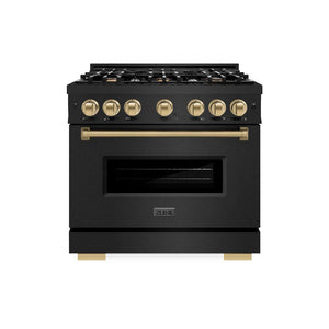 ZLINE Autograph Edition 36 in. 5.2 cu. ft. Classic Dual Fuel Range with 6 Burner Gas Cooktop and Electric Convection Oven in Black Stainless Steel with Champagne Bronze Accents (CDRBZ-36-CB)