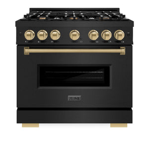 ZLINE Autograph Edition 36 in. 5.2 cu. ft. Classic Dual Fuel Range with 6 Burner Gas Cooktop and Electric Convection Oven in Black Stainless Steel with Champagne Bronze Accents (CDRBZ-36-CB)