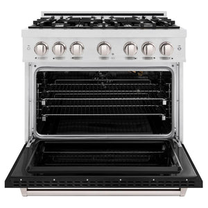 ZLINE 36 in. 5.2 cu. ft. Classic Gas Range with 6 Burner Cooktop and Convection Gas Oven in DuraSnow® Stainless Steel with Black Matte Door (CGRS-BLM-36)