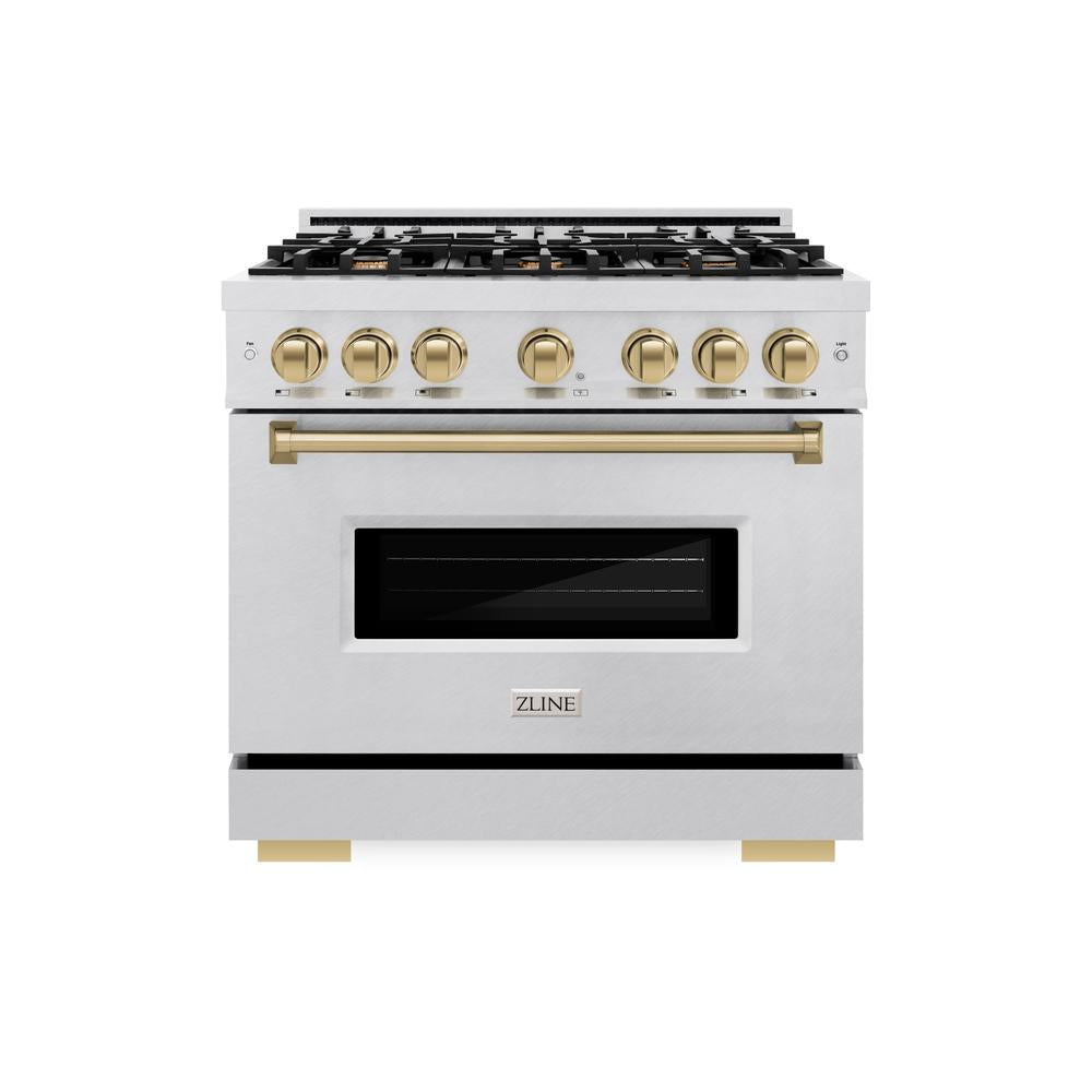 ZLINE Autograph Edition 36 in. 5.2 cu. ft. Classic Dual Fuel Range with 6 Burner Gas Cooktop and Electric Convection Oven in DuraSnow® Stainless Steel with Champagne Bronze Accents (CDRSZ-36-CB)