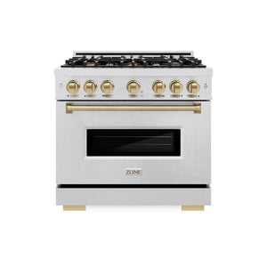 ZLINE Autograph Edition 36 in. 5.2 cu. ft. Classic Dual Fuel Range with 6 Burner Gas Cooktop and Electric Convection Oven in DuraSnow® Stainless Steel with Champagne Bronze Accents (CDRSZ-36-CB)