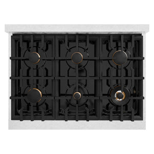 ZLINE Autograph Edition 36 in. 5.2 cu. ft. Classic Dual Fuel Range with 6 Burner Gas Cooktop and Electric Convection Oven in DuraSnow® Stainless Steel with Black Matte Door and Champagne Bronze Accents (CDRSZ-BLM-36-CB)