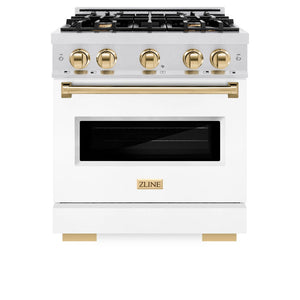 ZLINE Autograph Edition 30 in. 4.2 cu. ft. Classic Dual Fuel Range with 4 Burner Gas Cooktop and Electric Convection Oven in DuraSnow® Stainless Steel with White Matte Door and Polished Gold Accents (CDRSZ-WM-30-G)