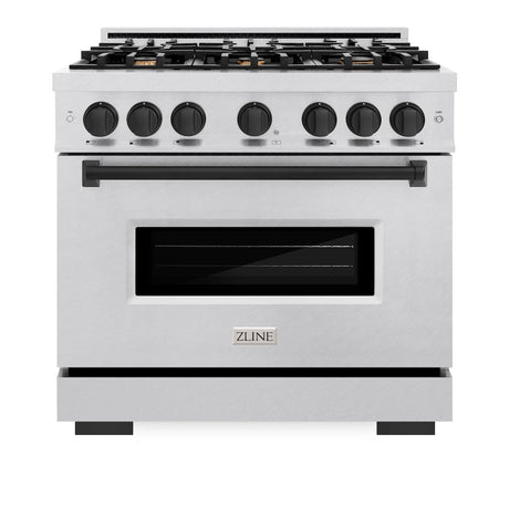 ZLINE Autograph Edition 36 in. 5.2 cu. ft. Classic Dual Fuel Range with 6 Burner Gas Cooktop and Electric Convection Oven in DuraSnow® Stainless Steel with Matte Black Accents (CDRSZ-36-MB)