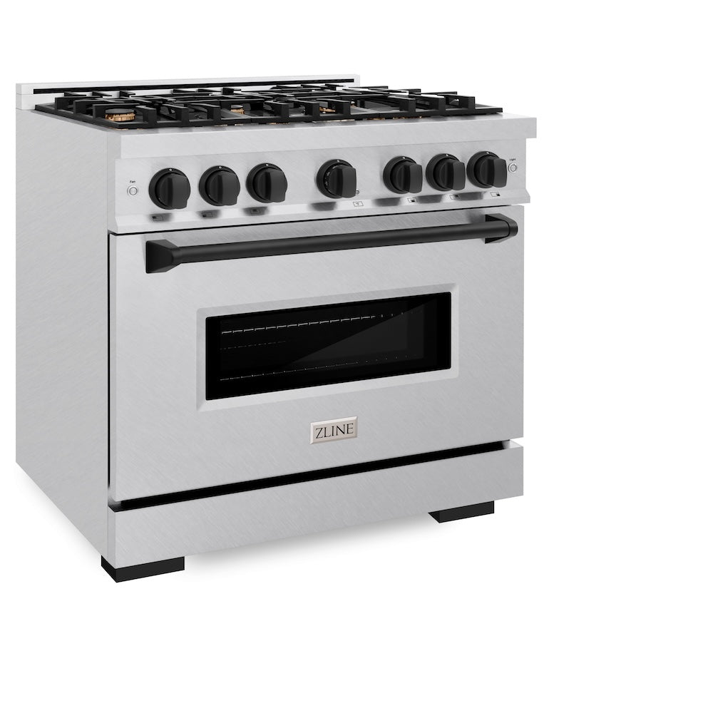 ZLINE Autograph Edition 36 in. 5.2 cu. ft. Classic Dual Fuel Range with 6 Burner Gas Cooktop and Electric Convection Oven in DuraSnow® Stainless Steel with Matte Black Accents (CDRSZ-36-MB)