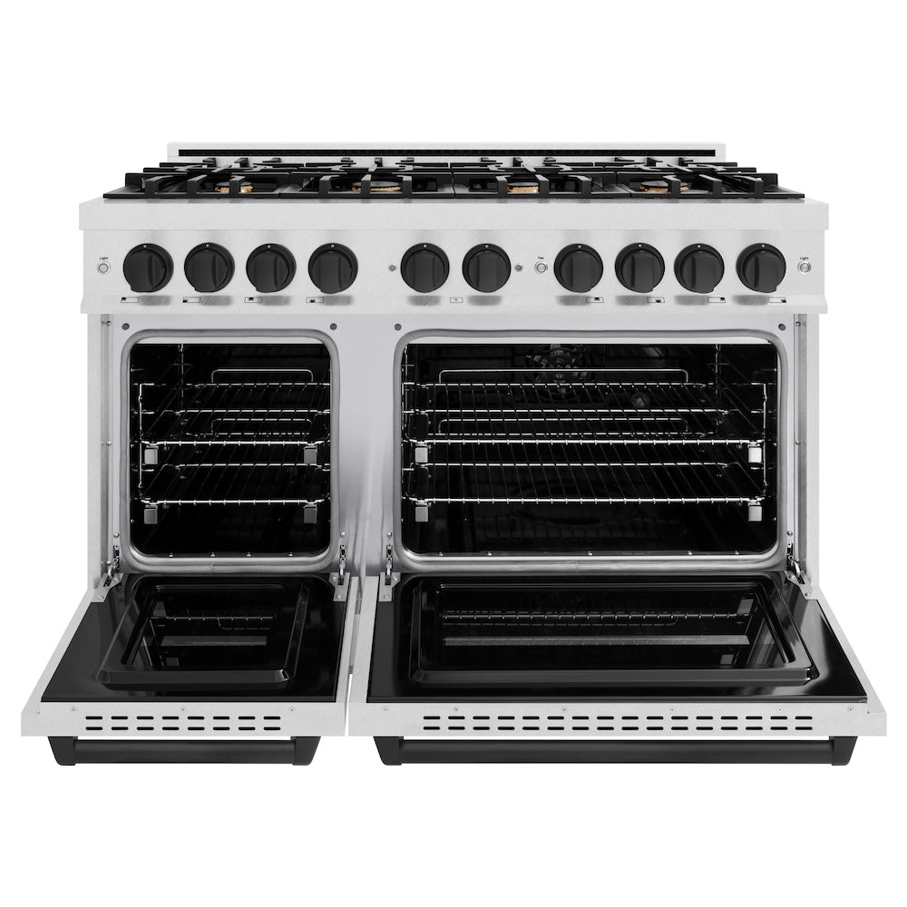 ZLINE Autograph Edition 48 in. 6.7 cu. ft. Classic Double Oven Dual Fuel Range with 8 Burner Gas Cooktop in DuraSnow® Stainless Steel and Matte Black Accents (CDRSZ-48-MB)
