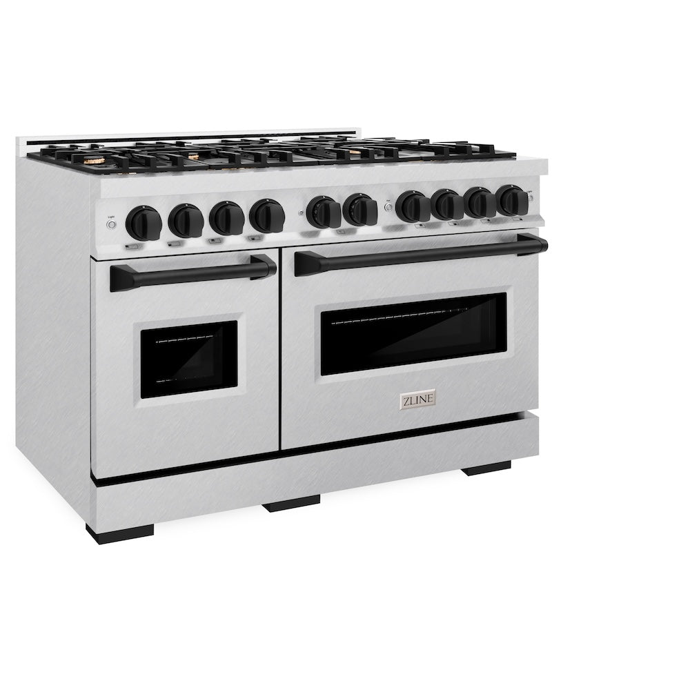 ZLINE Autograph Edition 48 in. 6.7 cu. ft. Classic Double Oven Dual Fuel Range with 8 Burner Gas Cooktop in DuraSnow® Stainless Steel and Matte Black Accents (CDRSZ-48-MB)