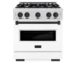 ZLINE Autograph Edition 30 in. 4.2 cu. ft. Classic Dual Fuel Range with 4 Burner Gas Cooktop and Electric Convection Oven in DuraSnow® Stainless Steel with White Matte Door and Matte Black Accents (CDRSZ-WM-30-MB)