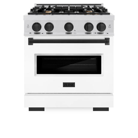 ZLINE Autograph Edition 30 in. 4.2 cu. ft. Classic Dual Fuel Range with 4 Burner Gas Cooktop and Electric Convection Oven in DuraSnow® Stainless Steel with White Matte Door and Matte Black Accents (CDRSZ-WM-30-MB)