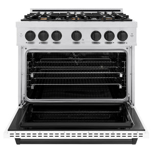 ZLINE Autograph Edition 36 in. 5.2 cu. ft. Classic Dual Fuel Range with 6 Burner Gas Cooktop and Electric Convection Oven in DuraSnow® Stainless Steel with White Matte Door and Matte Black Accents (CDRSZ-WM-36-MB)